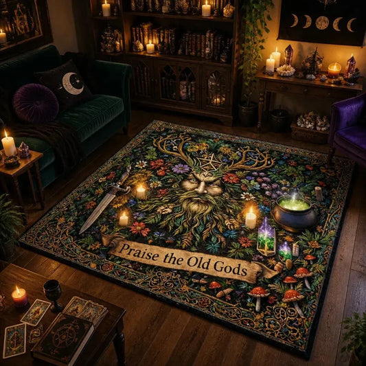 Green Man Pagan Area Rug – Spiritual Wiccan Altar Carpet for Witchy Decor_mockup_1.webp