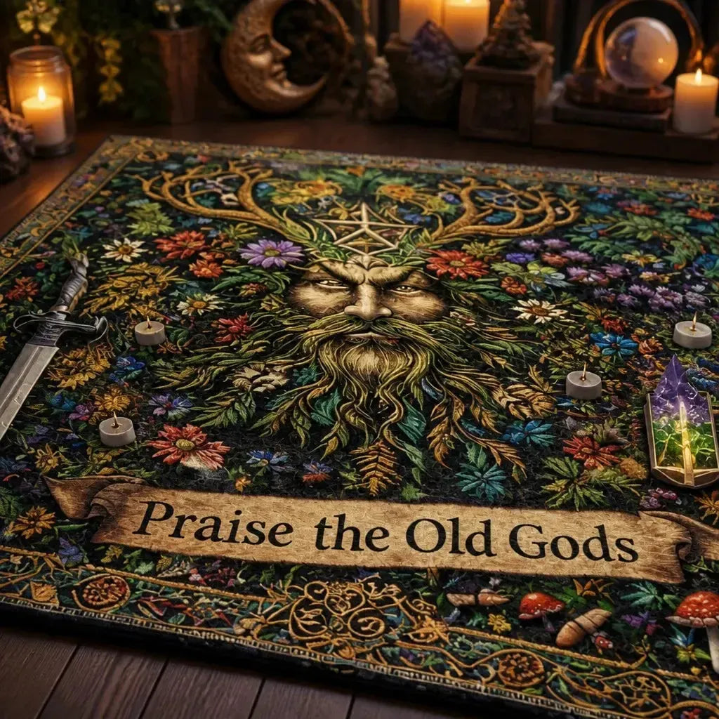 Green Man Pagan Area Rug – Spiritual Wiccan Altar Carpet for Witchy Decor_mockup_3.webp