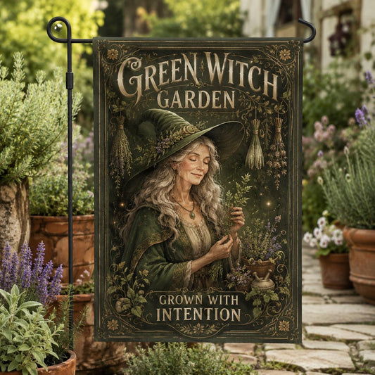 Green Witch Garden house flag with Grown with Intention herbal witch design