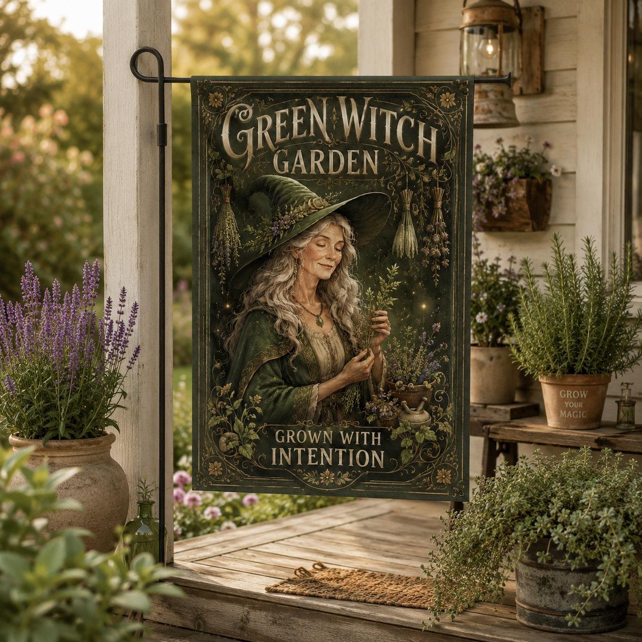 Close-up of Green Witch Garden house flag showing herbal witch artwork