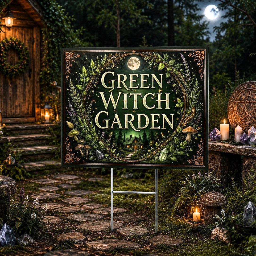 Green Witch Garden Wiccan Yard Sign - porch scene