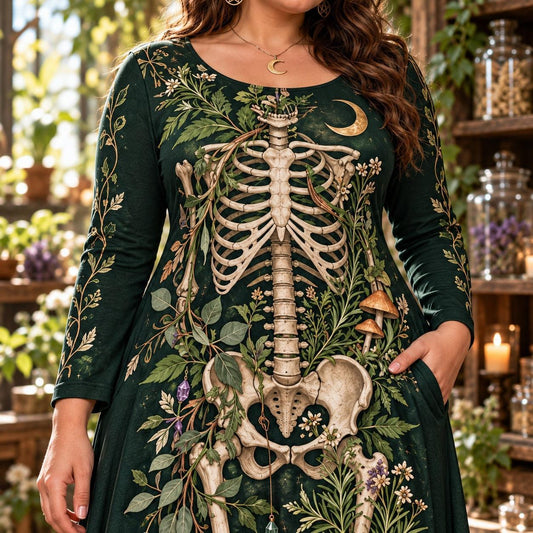Green Witch Skeleton Plus Size Pagan Dress – Herbal Long Sleeve Maxi – close up of the printed artwork