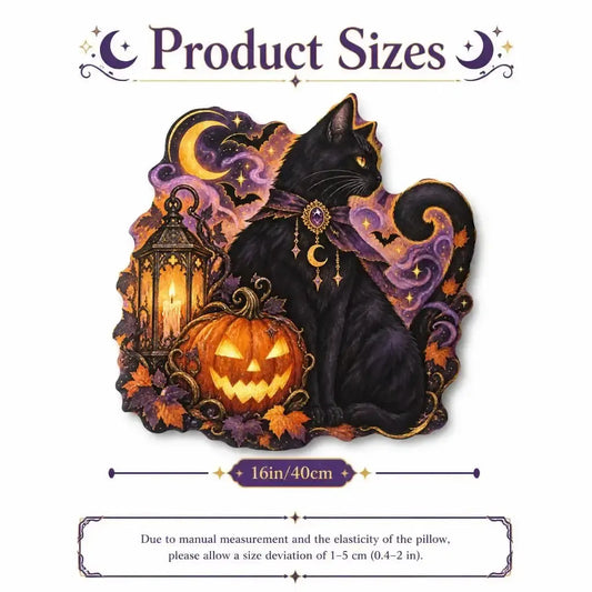 Size guide showing 16 inch / 40 cm: decorative plush pillow featuring cat, pumpkin and crescent moon artwork