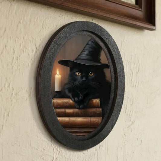 Halloween Black Cat Wooden Oval Frame - Gothic Oval Wall Art for Witchy Home Decor-MoonChildWorld