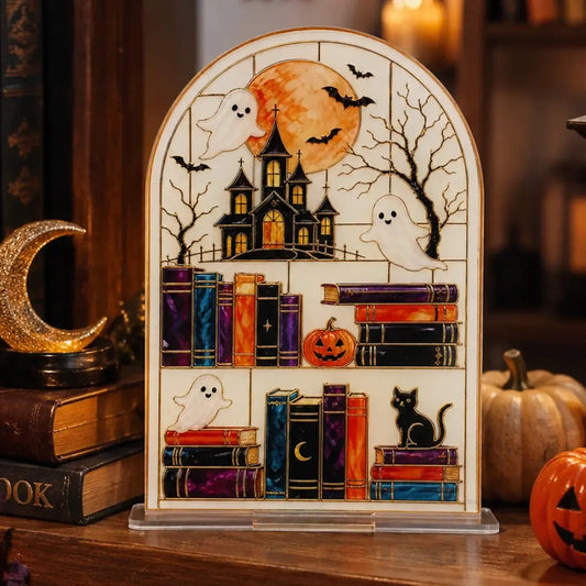Halloween Bookshelf Table Sign, Skeleton Pumpkin Gothic Decor, product view 3 of 12