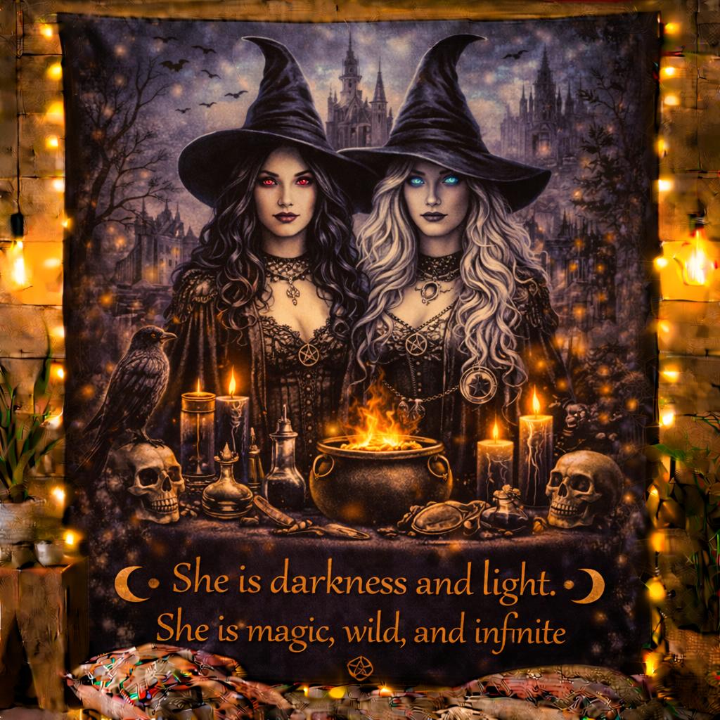 Dark gothic witches tapestry with red and blue-eyed witches, crow, skulls, cauldron, and candles.