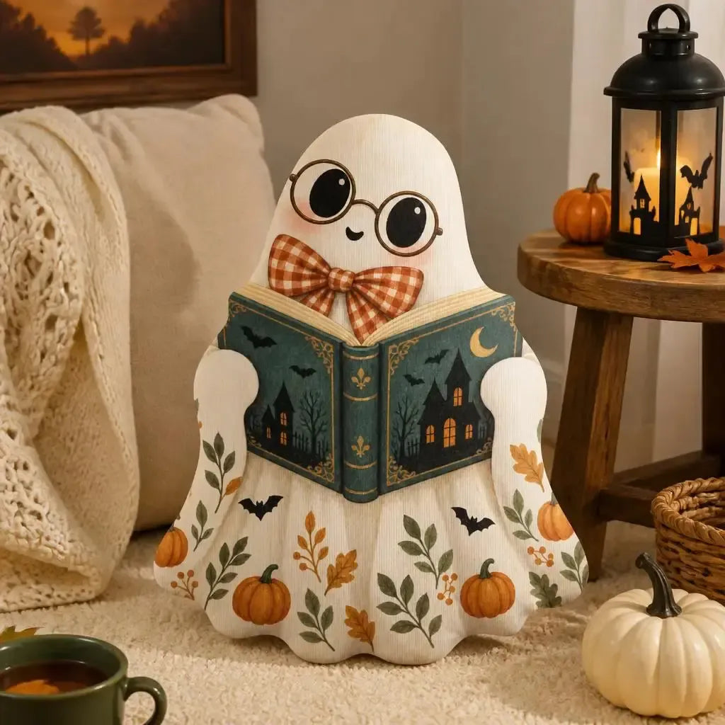 Alternate styled room view: decorative plush pillow featuring reading ghost illustration