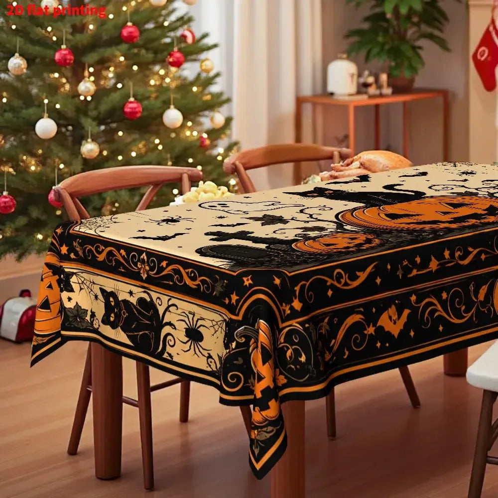 Close-up of the printed Halloween artwork on the tablecloth fabric