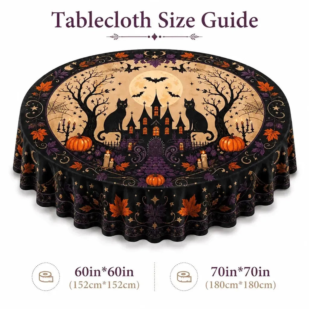 Halloween party table styled with the printed round tablecloth