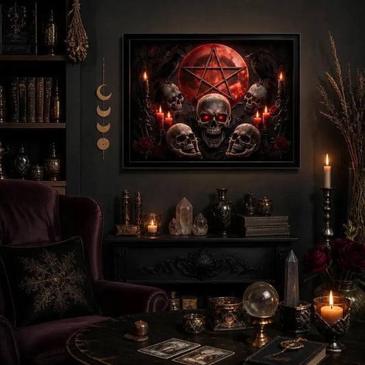 Halloween Skull Witchcraft Pentagram Canvas Wall Art - Witchy Black Framed Print for Gothic Home Decor_mockup_1.webp