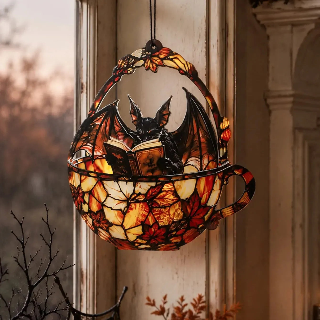Halloween bat teacup suncatcher hanging by rustic window with bare branches
