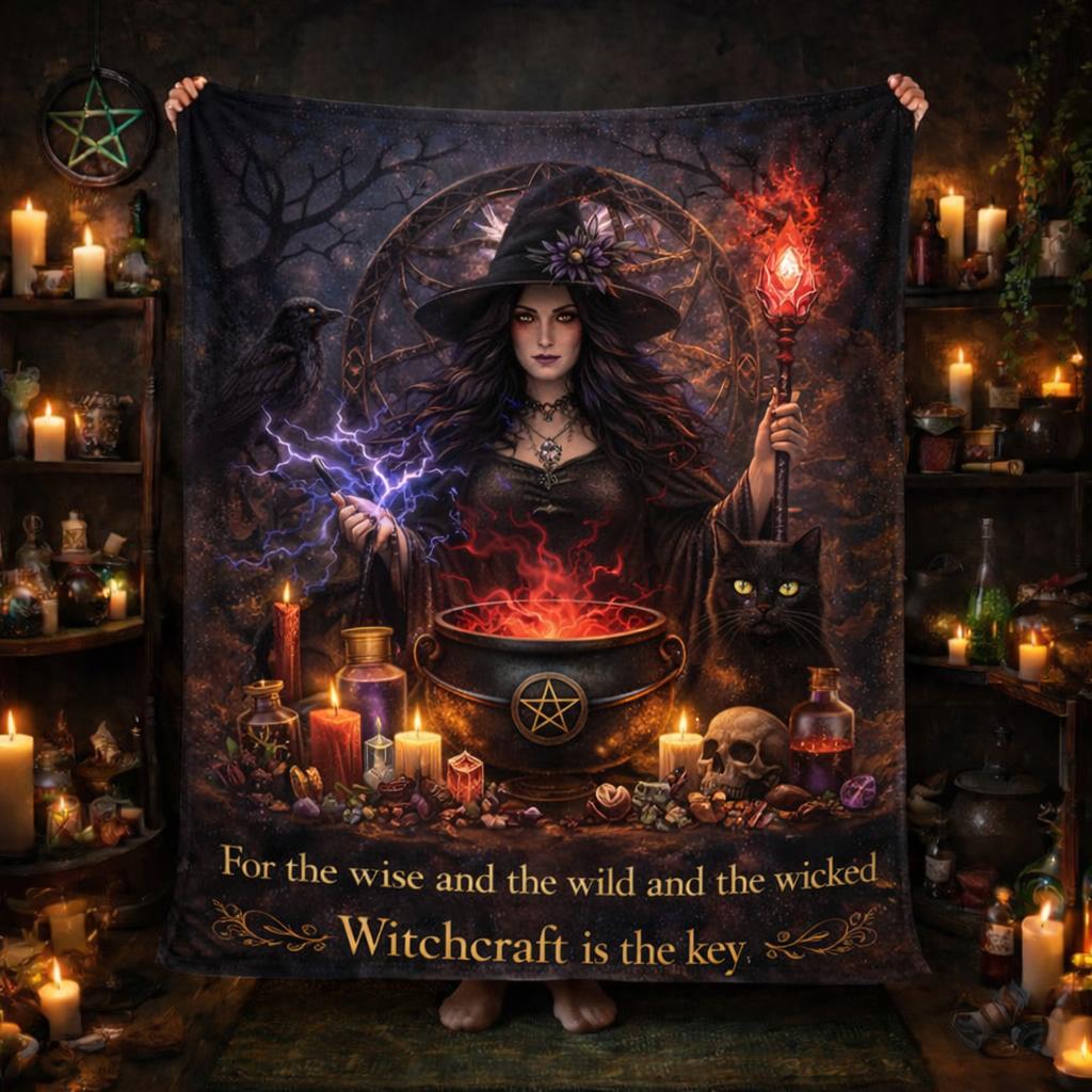 Halloween Witch Blanket with Gothic Skull, Black Cat, Raven for Wiccan-MoonChildWorld