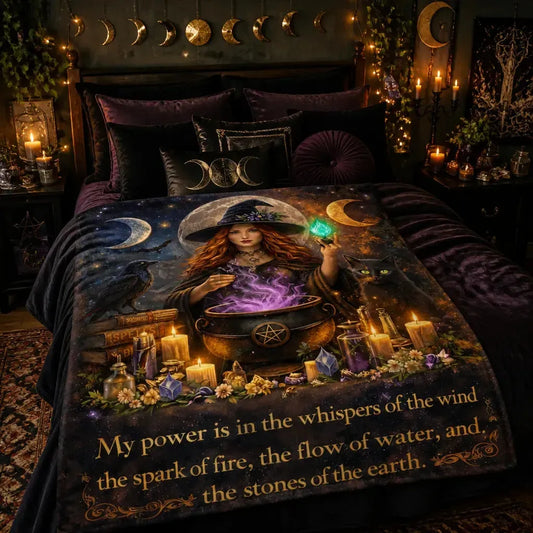 Halloween Witch Blanket with Triple Moon, Black Cat, Raven for Wiccan_mockup_1.webp