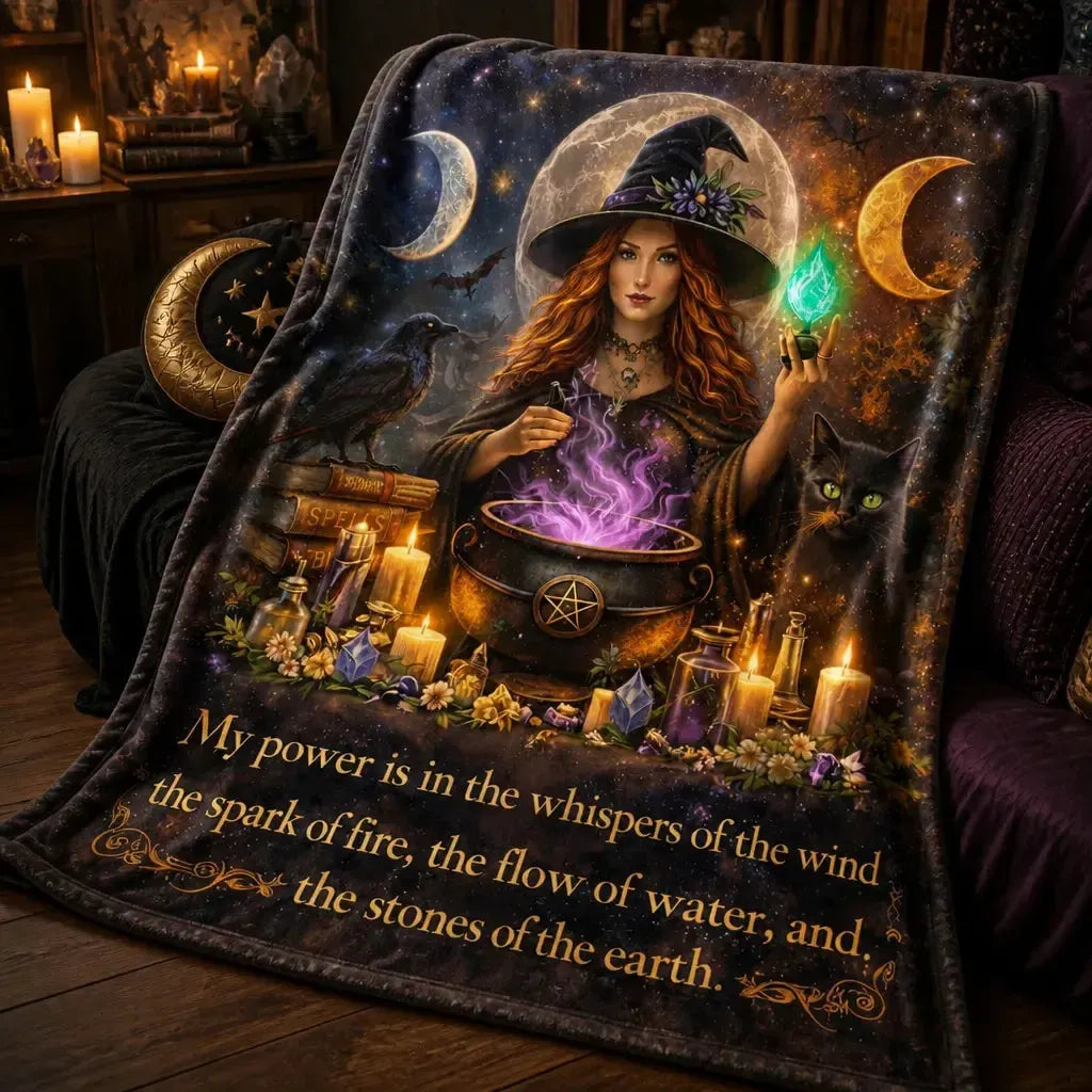 Halloween Witch Blanket with Triple Moon, Black Cat, Raven for Wiccan_mockup_3.webp