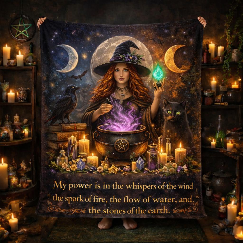 Halloween Witch Blanket with Triple Moon, Black Cat, Raven for Wiccan-MoonChildWorld