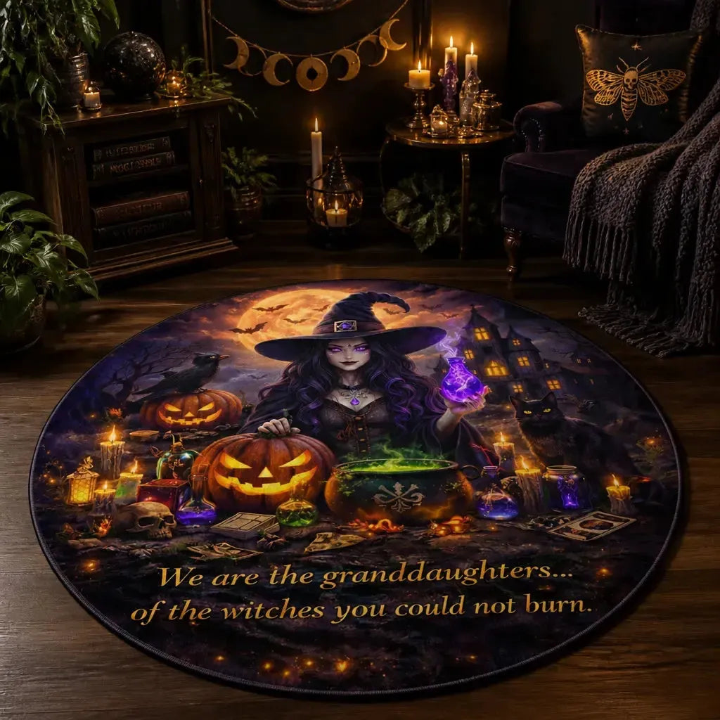 Halloween Witch Round Rug Gothic Raven Black Cat Carpet for Spooky Home Decor_mockup_1.webp