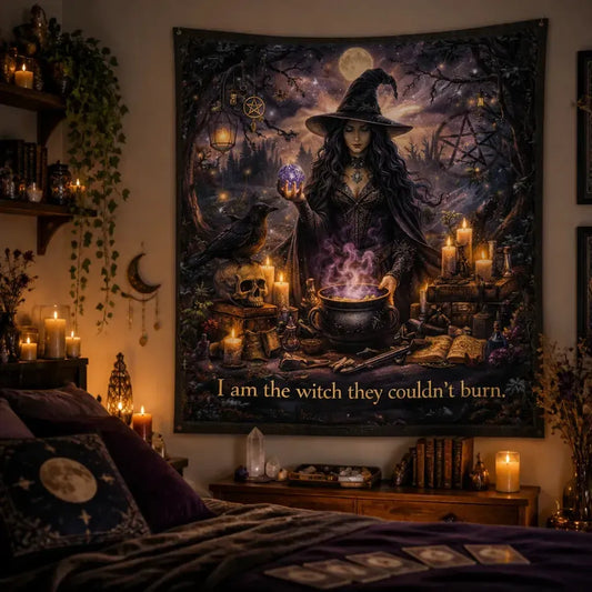 Halloween Witch Tapestry with Raven & Skull – Spooky Gothic Wall Hanging_mockup_1.webp