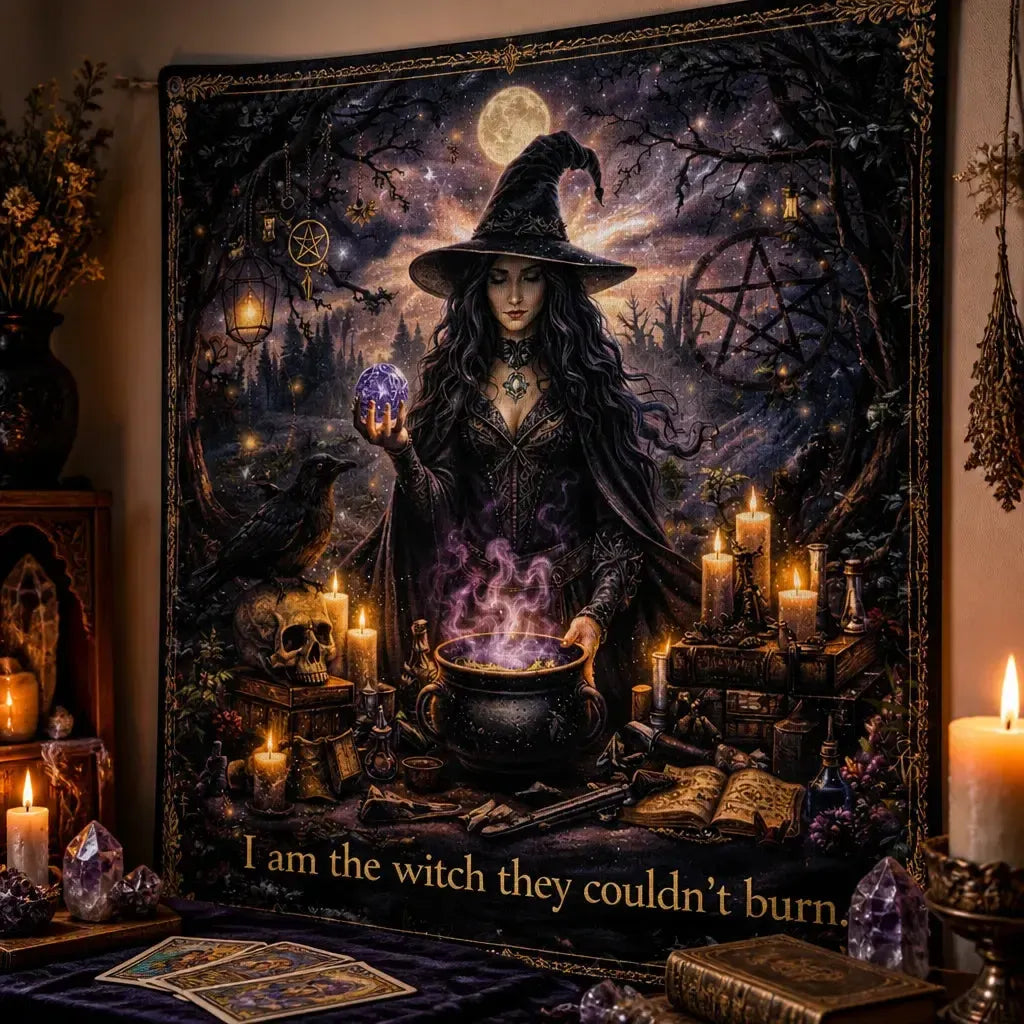 Halloween Witch Tapestry with Raven & Skull – Spooky Gothic Wall Hanging_mockup_3.webp