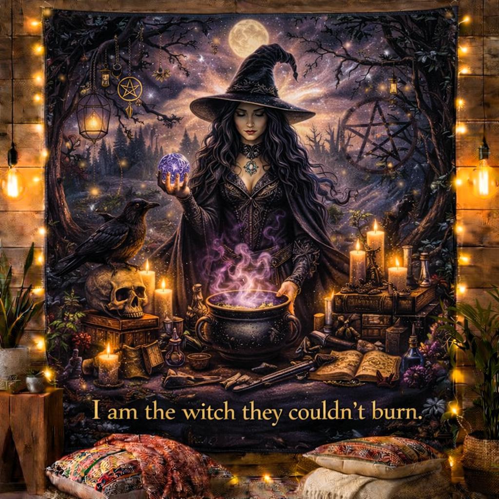 Halloween Witch Tapestry with Raven & Skull – Spooky Gothic Wall Hanging-MoonChildWorld