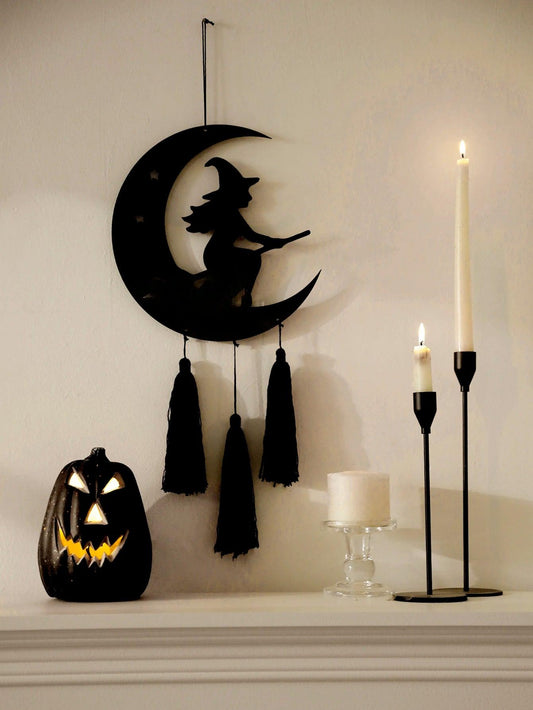 Halloween Witch Wall Hanging - Black Crescent Moon & Witch Design with Tassel Wall Decor-MoonChildWorld