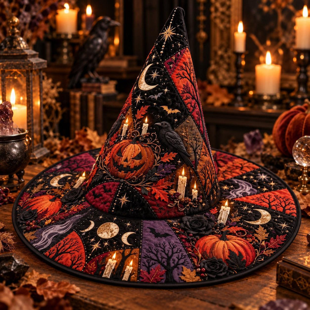 Hallows Eve Quilted Witch Hat – Pumpkin Samhain Wide Brim Hat – styled with candles and crystals