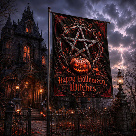 Close-up of Happy Halloween Witches house flag showing pentacle and pumpkin artwork