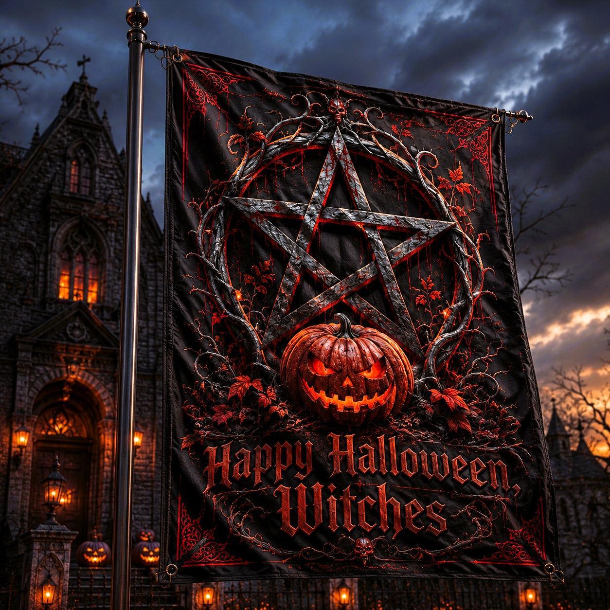 Happy Halloween Witches house flag displayed outdoors on a garden flag stand