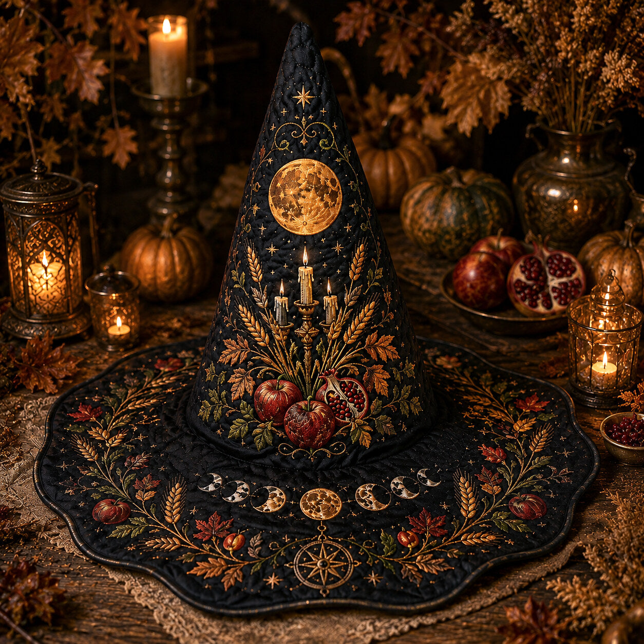 Harvest Moon Witch Hat – Mabon Autumn Pagan Wide Brim Hat – held in both hands