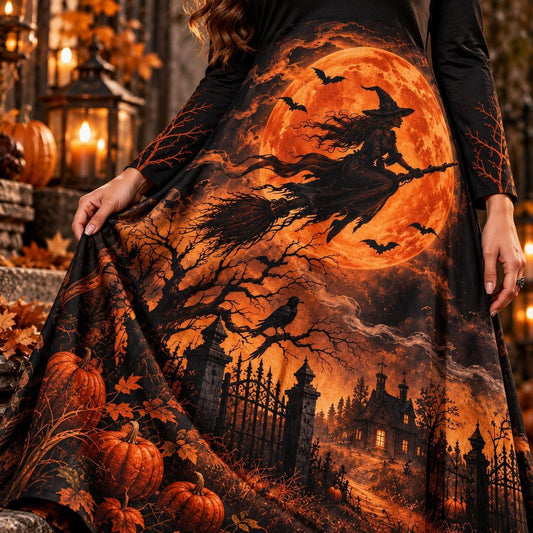 Harvest Moon Witch Plus Size Halloween Dress – Pumpkin Long Sleeve Maxi – close up of the printed artwork
