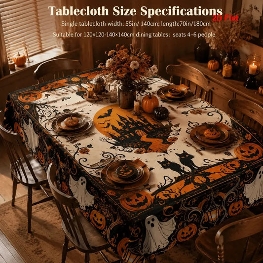 Haunted castle Halloween tablecloth with pumpkin and ghost decor