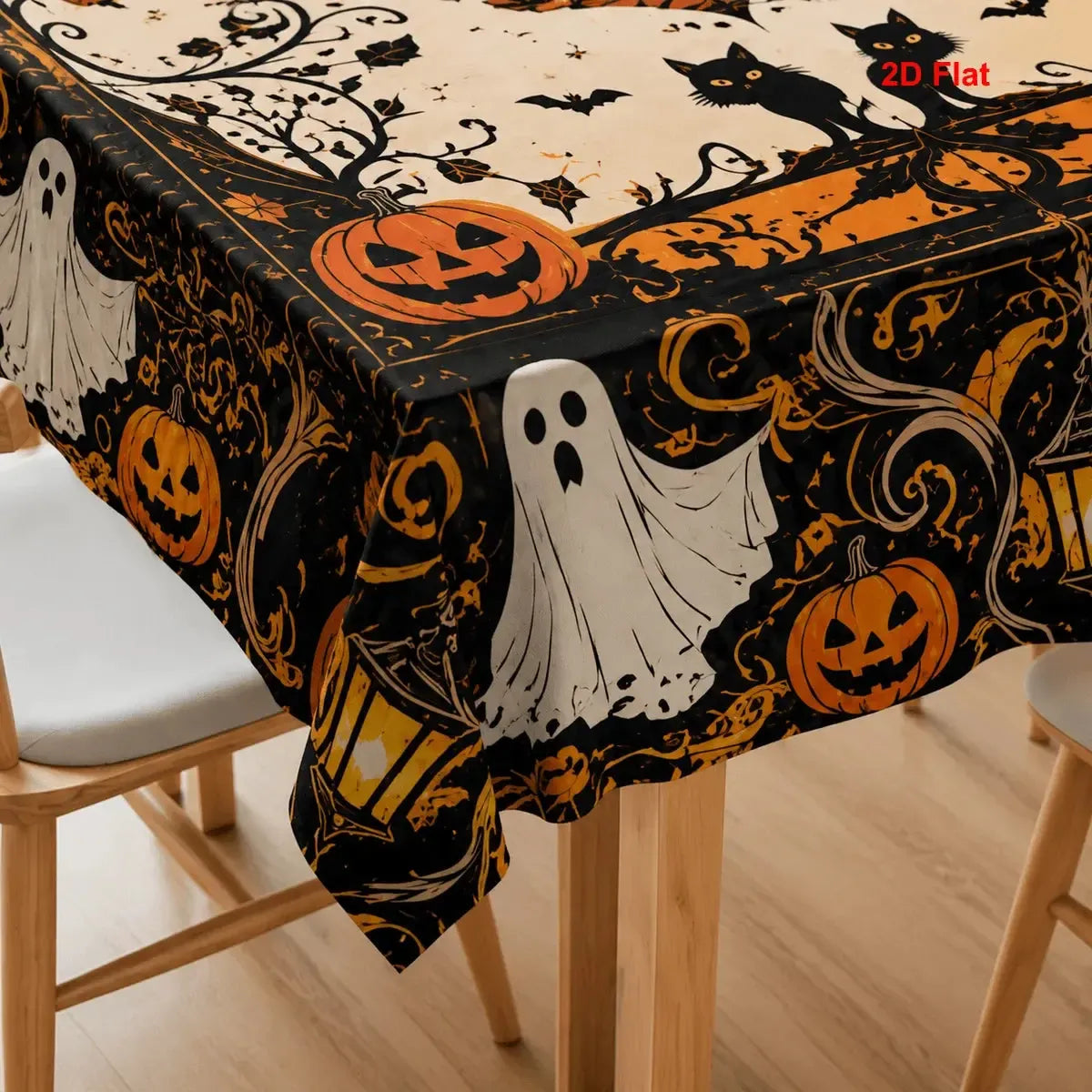 Haunted castle Halloween tablecloth with pumpkin and ghost decor