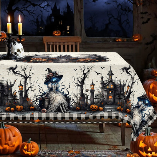 Haunted castle pumpkin Halloween tablecloth with spooky decor