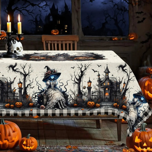 Haunted castle pumpkin Halloween tablecloth with spooky decor