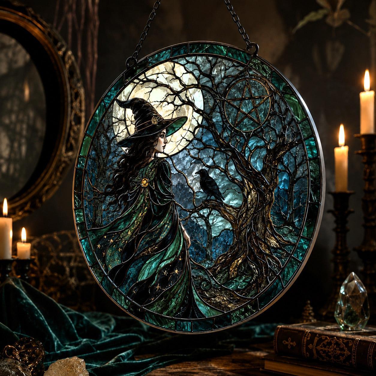 Haunted Forest Witch Glass Suncatcher - close up detail