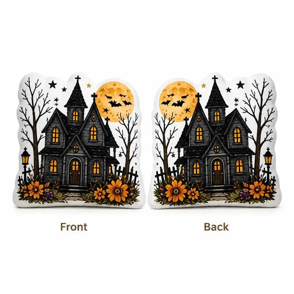 Front and back views: haunted house moon plush pillow with haunted house, bats and full moon artwork
