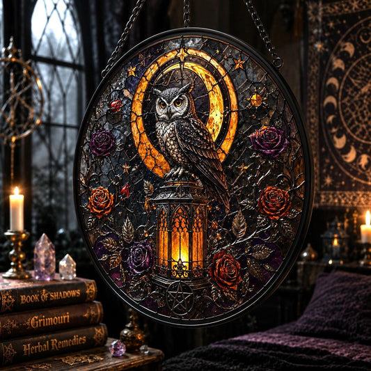 Haunted Lantern Owl Glass Suncatcher - hanging view