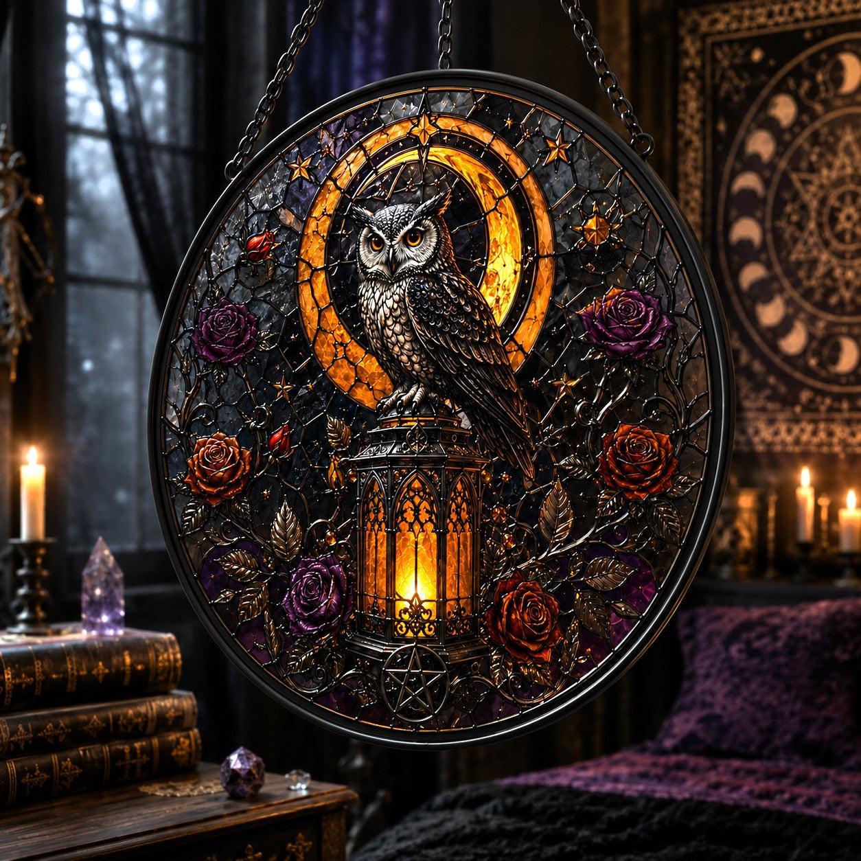 Haunted Lantern Owl Glass Suncatcher - close up detail