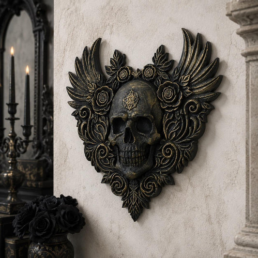 Heart skull plaque – carved rose and wing detail close-up