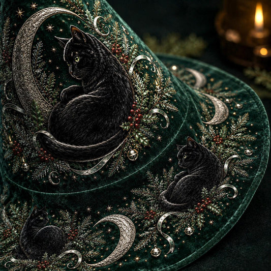 Hearth Cat Witch Hat – Yule Evergreen Cottagecore Brim Hat – styled with candles and crystals