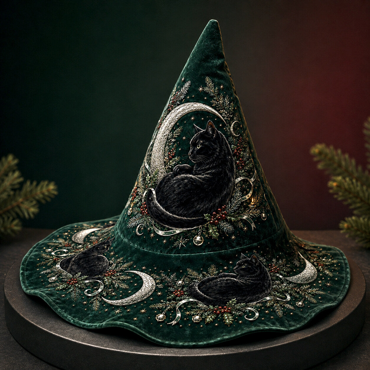 Hearth Cat Witch Hat – Yule Evergreen Cottagecore Brim Hat – held in both hands