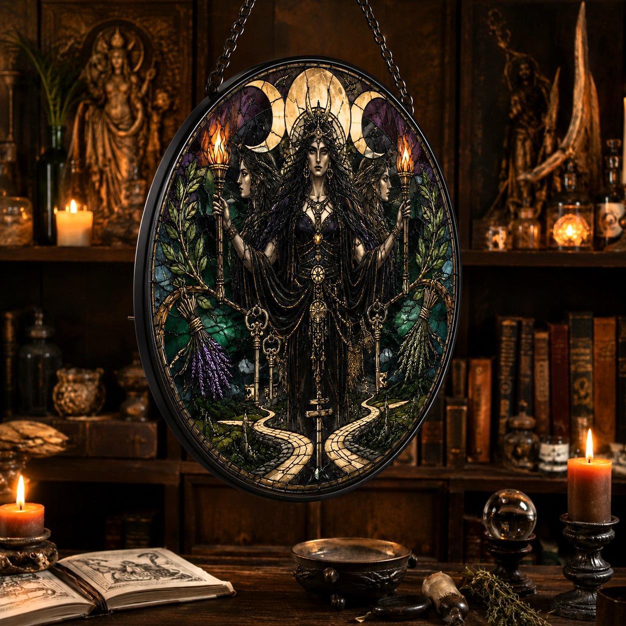 Hecate Crossroads Goddess Glass Suncatcher - hanging view