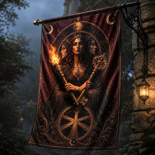 Hecate Goddess house flag displayed outdoors on a garden flag stand