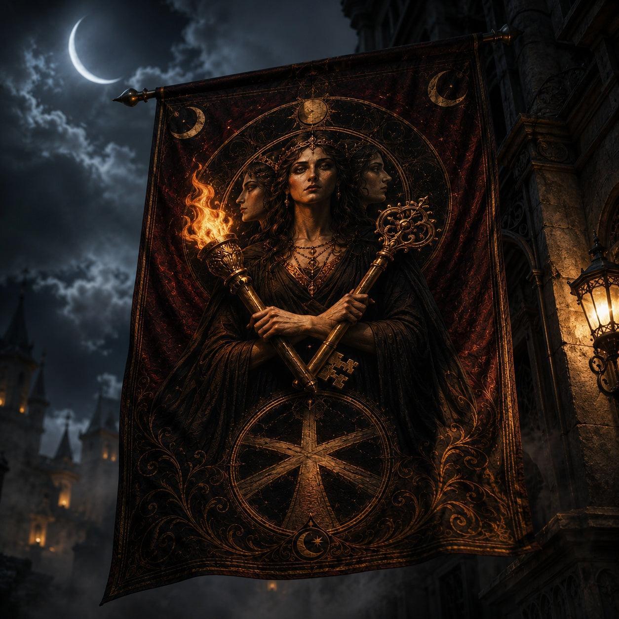 Hecate Goddess house flag mockup hanging outdoors as pagan decor