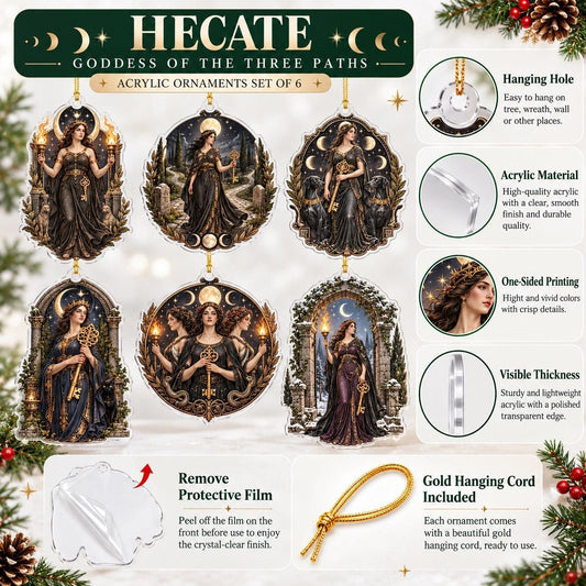 Hecate Goddess Pagan Acrylic Ornament Set โ Witchy Crossroads Yule Decor โ ornament size and details