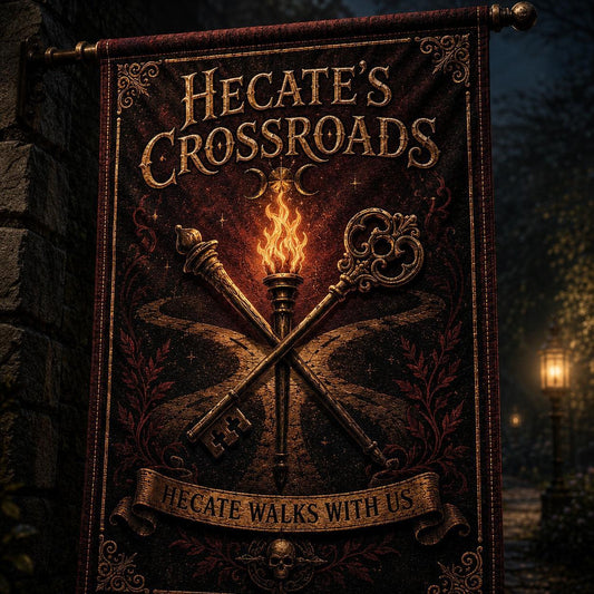 Hecates Crossroads house flag displayed outdoors on a garden flag stand