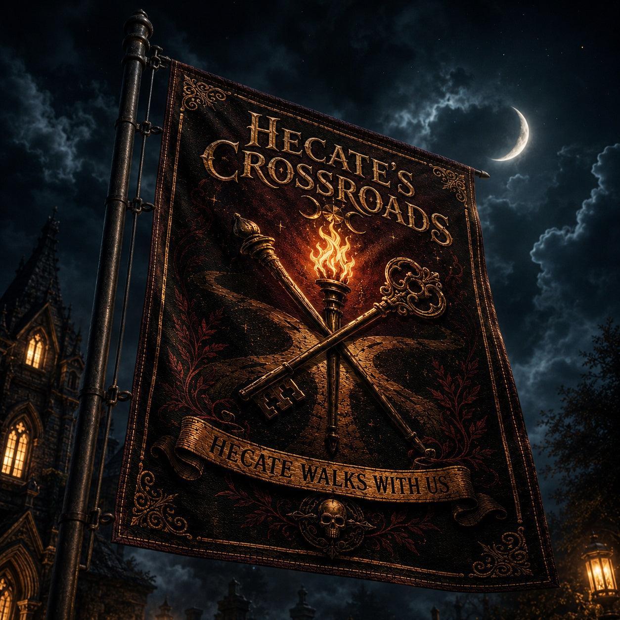 Hecates Crossroads house flag mockup hanging outdoors as pagan decor