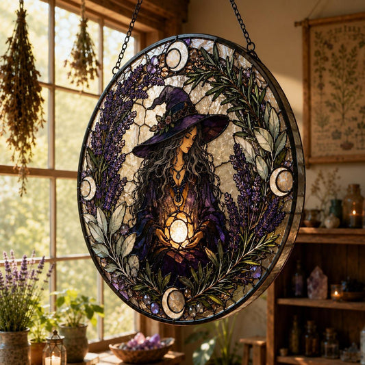 Herbal Witch Botanical Wreath Glass Suncatcher - close up detail