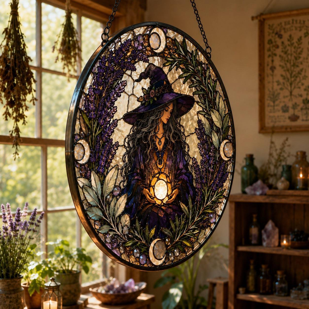 Herbal Witch Botanical Wreath Glass Suncatcher - hanging view