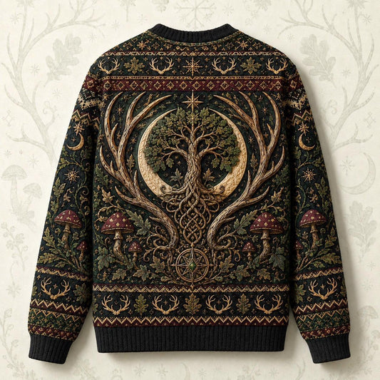 Horned God Sweater Antler Tree Crescent Forest Pagan Knit back view
