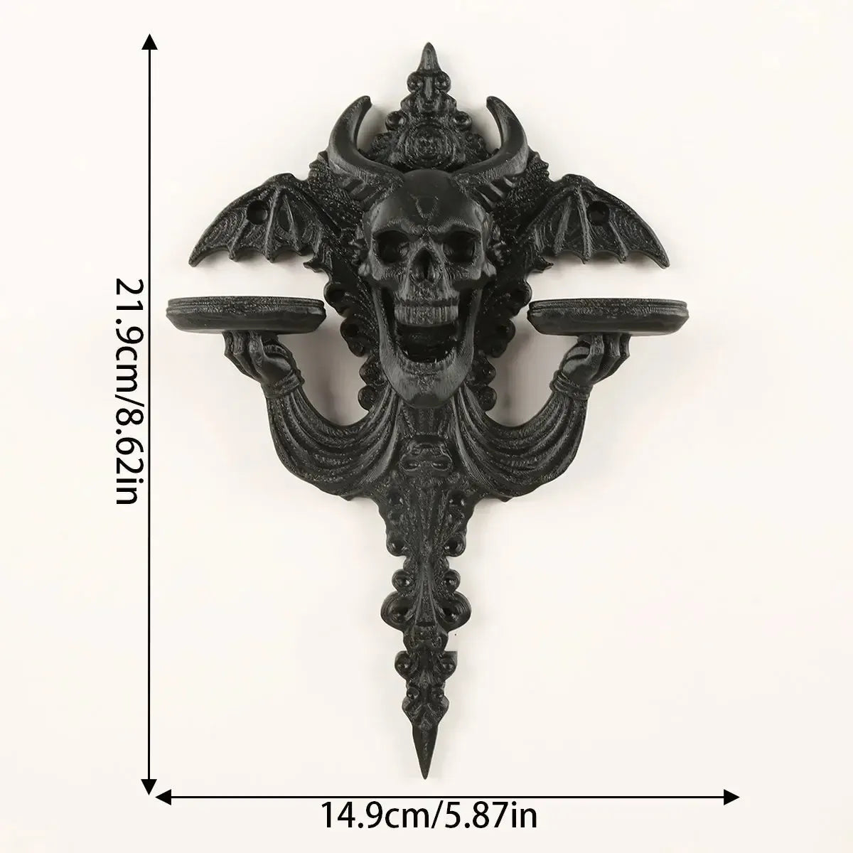 Horned Skull and Bat Wall Shelf Gothic Resin Double Tray Rack-MoonChildWorld